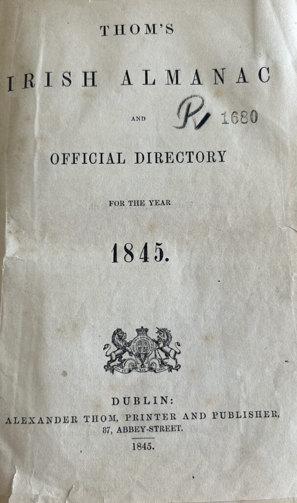 Photograph of the title page of the first Thom’s Directory