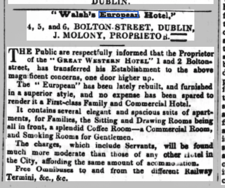 photograph of a newspaper advertisement for the European Hotel.