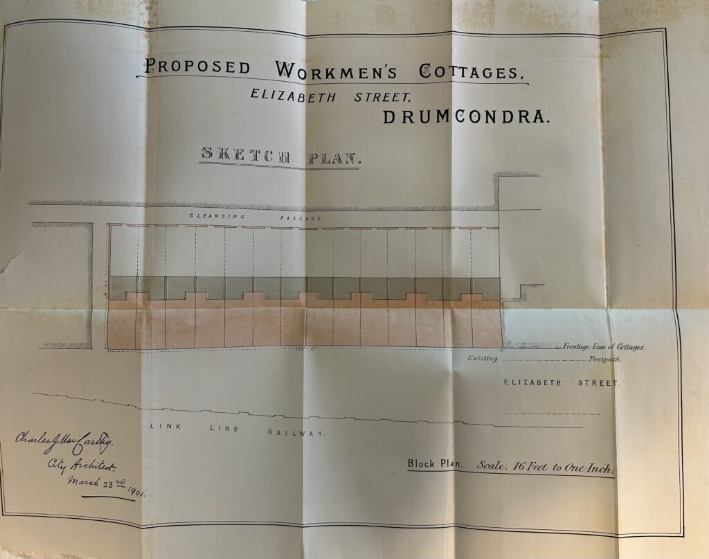 Photograph of plans for cottages in Elizabeth Street, Dublin.