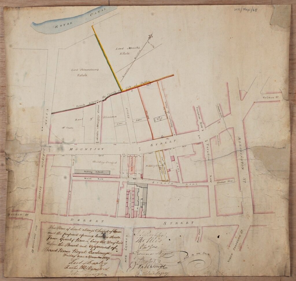 Image of Wide Streets Commission map showing the area around St Mary’s Chapel of Ease.