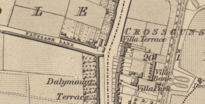 Excerpt from the first edition Ordnance Survey 6 inch map, sheet 18, showing Faussagh Lane.