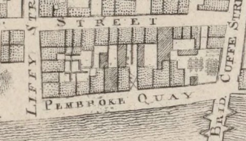 extract from a map of Dublin of 1773, showing Pembroke Quay on the north bank of the River Liffey.