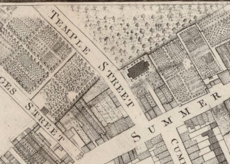 An excerpt from map called ‘An Accurate Survey of the City and Suburbs of Dublin / by Mr. Rocque with Additions, and Improvements ; By Mr. Bernard Scalé'.