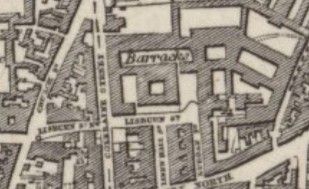 Close up of section of sheet 18 of the Ordnance Survey 6-inch map, 1897, showing the Linenhall Barracks.